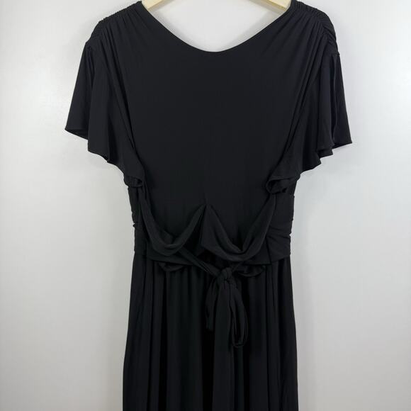 Anthropologie Bhldn Black Maxi Dress Size 18 Flutter Sleeve Tie Belt Stretch - Picture 8 of 15